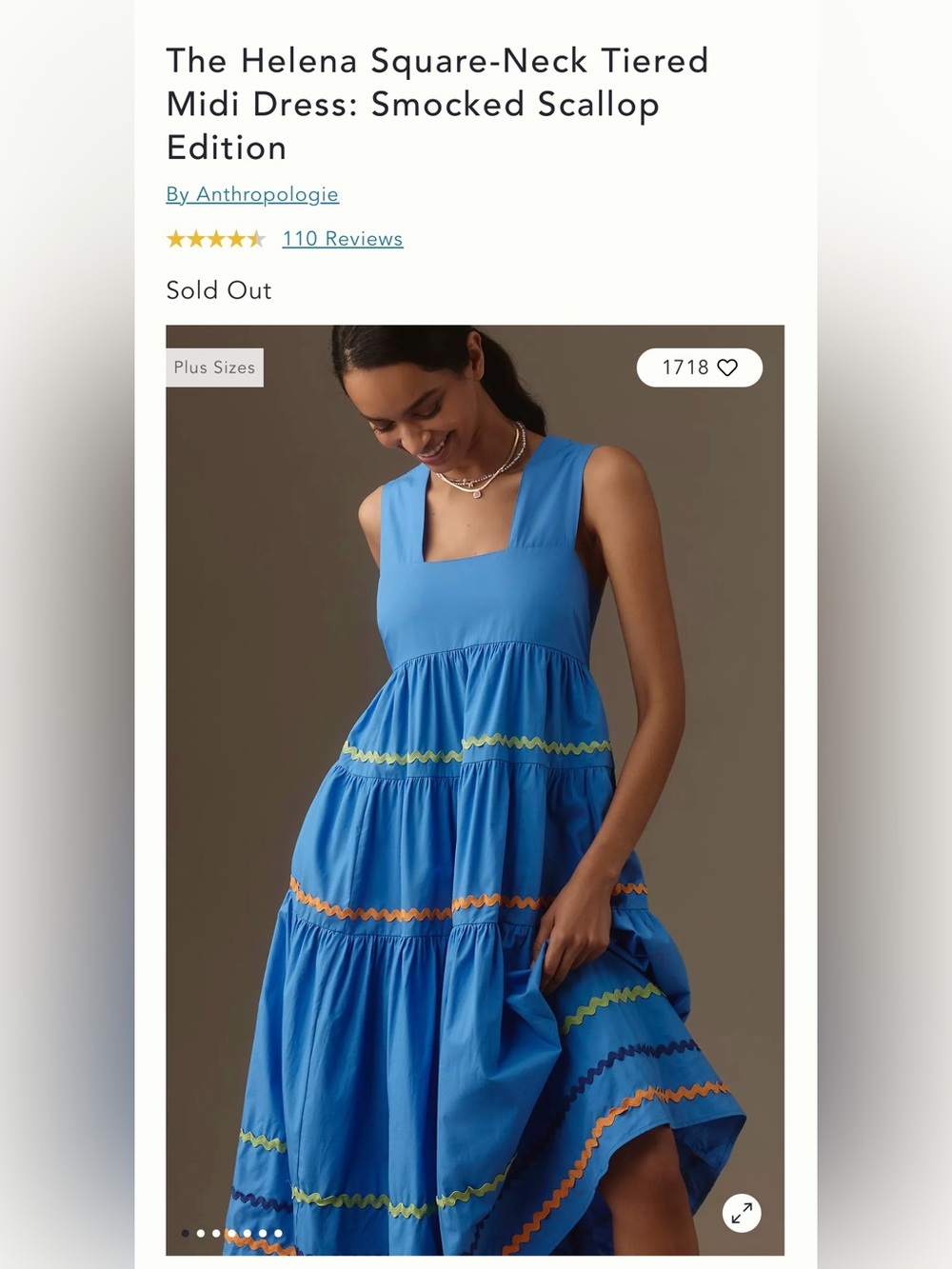 Anthropologie Bright Blue Tiered Square-Neck Midi Dress with Colorful Rickrack